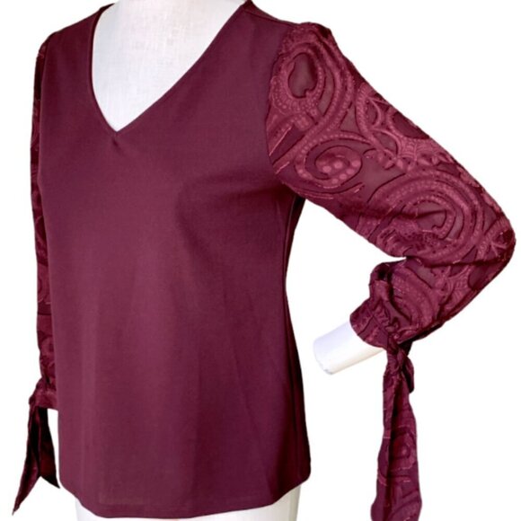 Ann Taylor Factory Burgundy Blouse Floral Print Tie Sleeves Sz S #77H - Picture 4 of 7